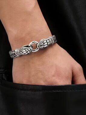 Sterling Silver Dragon Head Link Bracelet - Silver